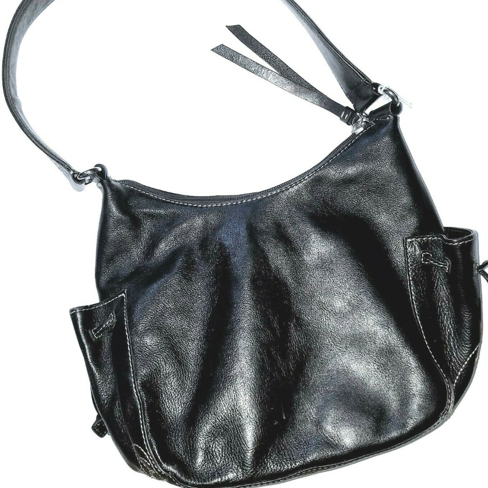 COLE HAAN Black Leather | Cream Embroidery Handbag